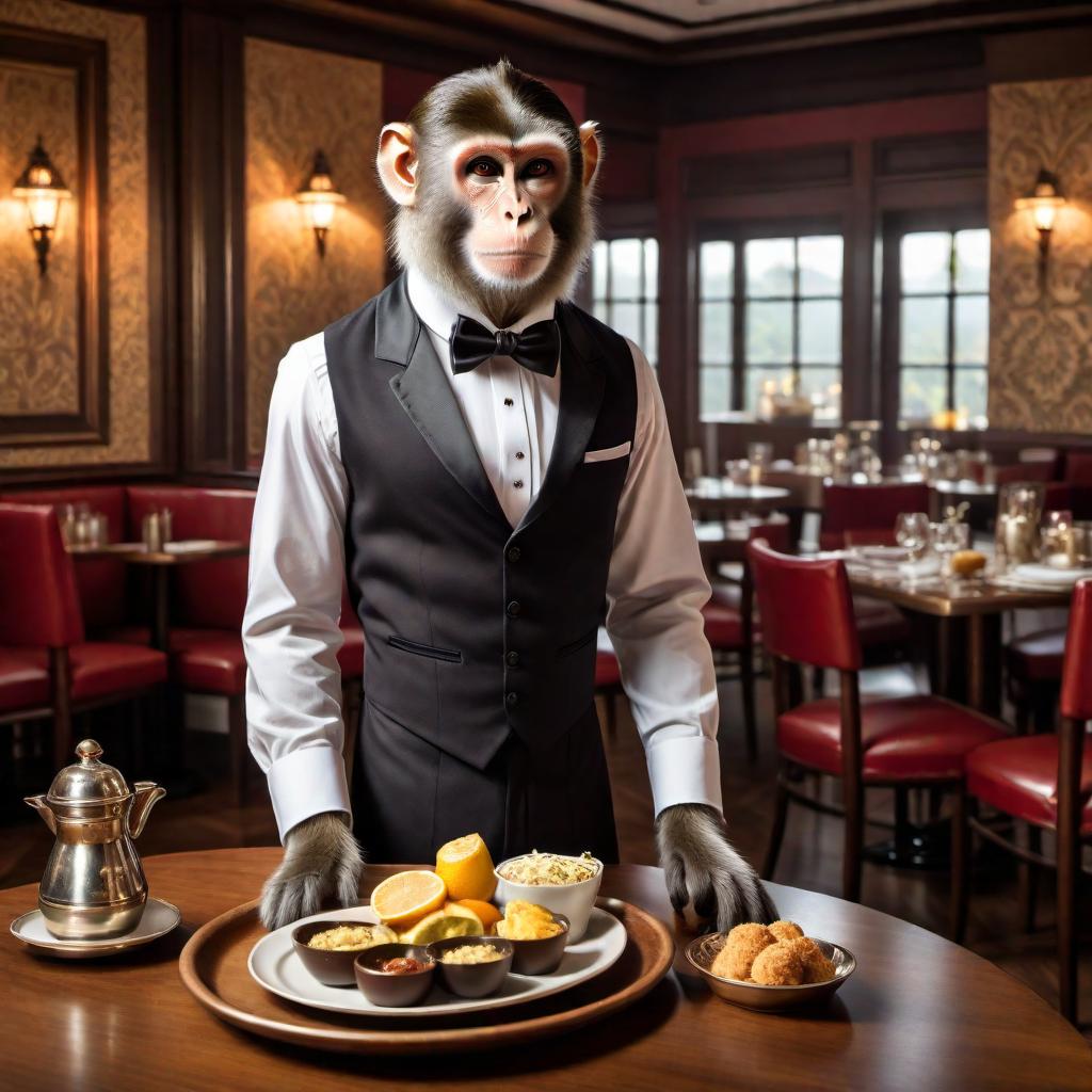  A monkey dressed as a waiter, standing in a restaurant setting. The monkey should be wearing a classic waiter's uniform, including a bow tie and a vest, and holding a tray with food and drinks. hyperrealistic, full body, detailed clothing, highly detailed, cinematic lighting, stunningly beautiful, intricate, sharp focus, f/1. 8, 85mm, (centered image composition), (professionally color graded), ((bright soft diffused light)), volumetric fog, trending on instagram, trending on tumblr, HDR 4K, 8K