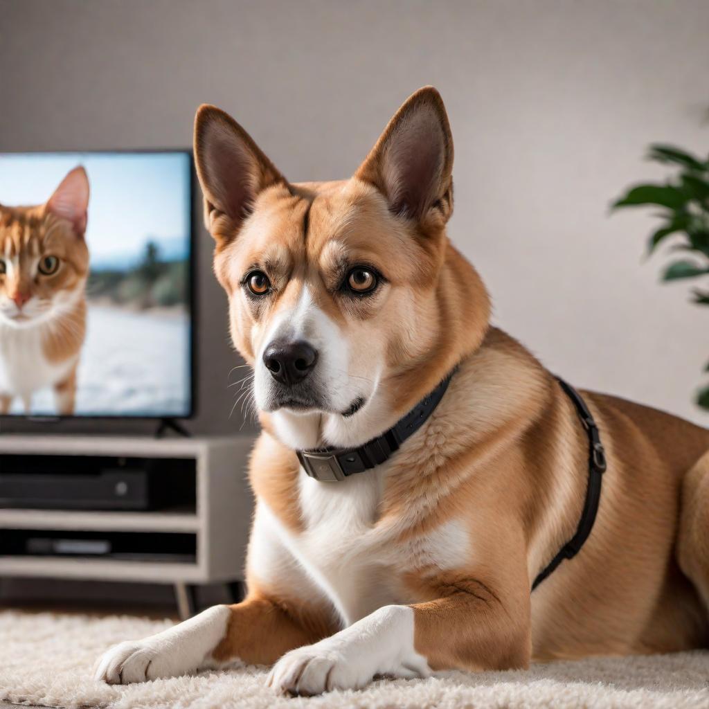  A funny meme image with a dog with a humorous, exaggeratedly annoyed expression. The dog is sitting in front of a TV, which shows a cat video. The caption should be: Top: 'You don’t want me...' Bottom: 'But you always have to watch me.' hyperrealistic, full body, detailed clothing, highly detailed, cinematic lighting, stunningly beautiful, intricate, sharp focus, f/1. 8, 85mm, (centered image composition), (professionally color graded), ((bright soft diffused light)), volumetric fog, trending on instagram, trending on tumblr, HDR 4K, 8K