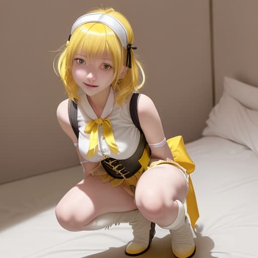  tomoe mami,,face covered in,in puella magi madoka magica style ,short long hair, 75kg, bangs are side parted hair,yellow hair,drill hair,tie her hair low at the back of her head,wearing torn,yellow neck ribbon ,light brown mini,corset,knee-high socks,long boots,mini nurse cap,large,yellow eyes,profuse sweat,disliked face,cry out,, cute smile, no clothes, squatting in bed from above,, clear detailed photo, sharp focus, high resolution, 4k uhd, perfectly detailed big eyes, real life person