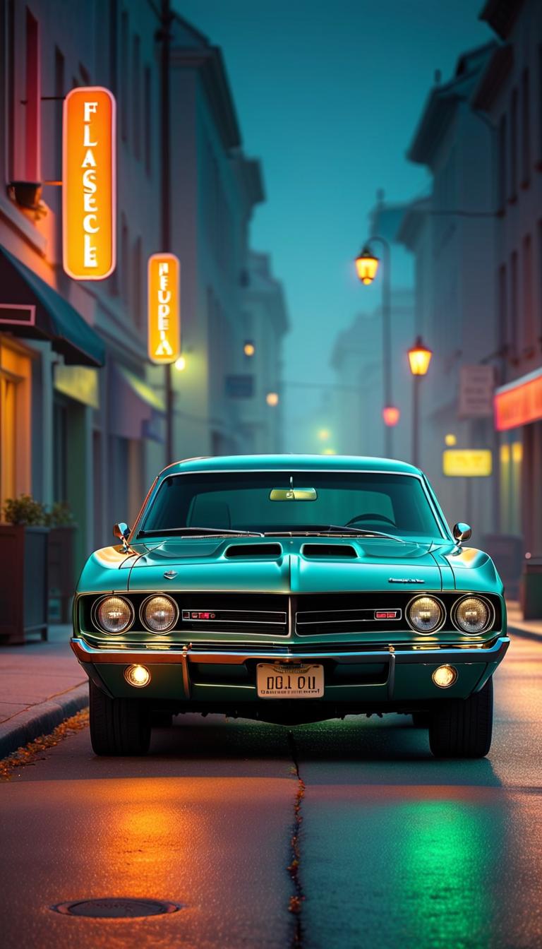  Professional 3D model of a classic muscle car in a cityscape at night. Octane render, highly detailed, volumetric, dramatic lighting. . Rendered with Octane, the model is highly detailed,dramatic lighting. hyperrealistic, full body, detailed clothing, highly detailed, cinematic lighting, stunningly beautiful, intricate, sharp focus, f/1. 8, 85mm, (centered image composition), (professionally color graded), ((bright soft diffused light)), volumetric fog, trending on instagram, trending on tumblr, HDR 4K, 8K