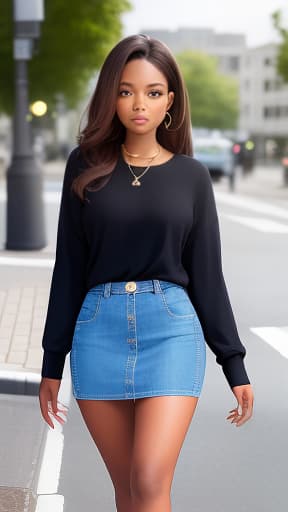  African American walking down the street looking at the camera from the front with long brown hair wearing a blue miniskirt with black heels , ((best quality)), ((masterpiece)), highly detailed, absurdres, HDR 4K, 8K