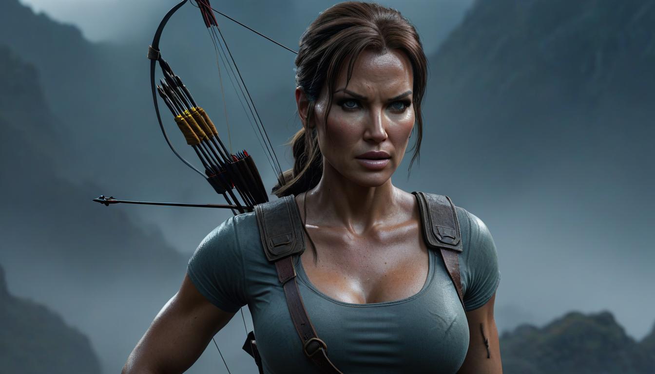  Lara Croft with bow, Perfect Hands hyperrealistic, full body, detailed clothing, highly detailed, cinematic lighting, stunningly beautiful, intricate, sharp focus, f/1. 8, 85mm, (centered image composition), (professionally color graded), ((bright soft diffused light)), volumetric fog, trending on instagram, trending on tumblr, HDR 4K, 8K