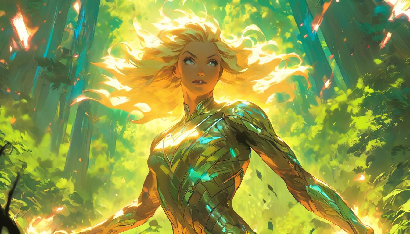  hyperrealism,fantasy aesthetic1woman, large busted attractive blonde arian female humanoid, dancing in a forest clearing, surrounded by glowing energy, attuned to earth's rhythms, vibrant and joyful atmosphere, high tech clothing clad in sleek, futuristic costume with metallic accents and form fitting designs, marvel superhero comics style, unreal engine rendering