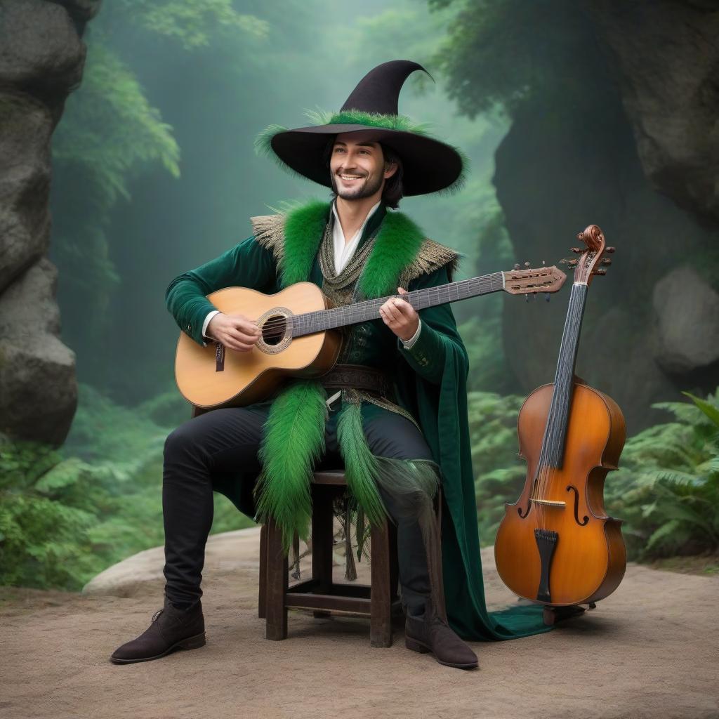  Bard, male, tall, dark short hair, rich clothes, hat with a green feather, lute, smile hyperrealistic, full body, detailed clothing, highly detailed, cinematic lighting, stunningly beautiful, intricate, sharp focus, f/1. 8, 85mm, (centered image composition), (professionally color graded), ((bright soft diffused light)), volumetric fog, trending on instagram, trending on tumblr, HDR 4K, 8K