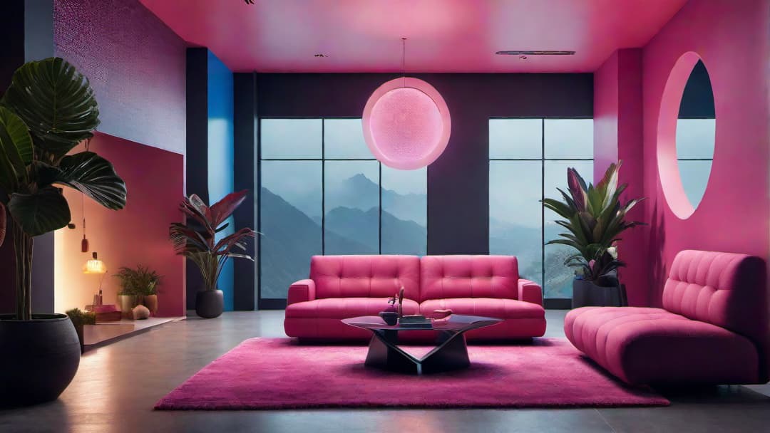  Create an image of a retro 80s living room interior design. The room should be filled with vibrant neon colors like electric blue and hot pink. Include furniture with geometric shapes, such as a circular sofa and angular tables. Decorate the walls with abstract art pieces in bright, contrasting colors. Add retro accessories like lava lamps and shag carpets to enhance the fun and nostalgic feel of the space. The atmosphere should be energetic and lively, reminiscent of the bold color palettes popular during the 80s. hyperrealistic, full body, detailed clothing, highly detailed, cinematic lighting, stunningly beautiful, intricate, sharp focus, f/1. 8, 85mm, (centered image composition), (professionally color graded), ((bright soft diffused light)), volumetric fog, trending on instagram, trending on tumblr, HDR 4K, 8K