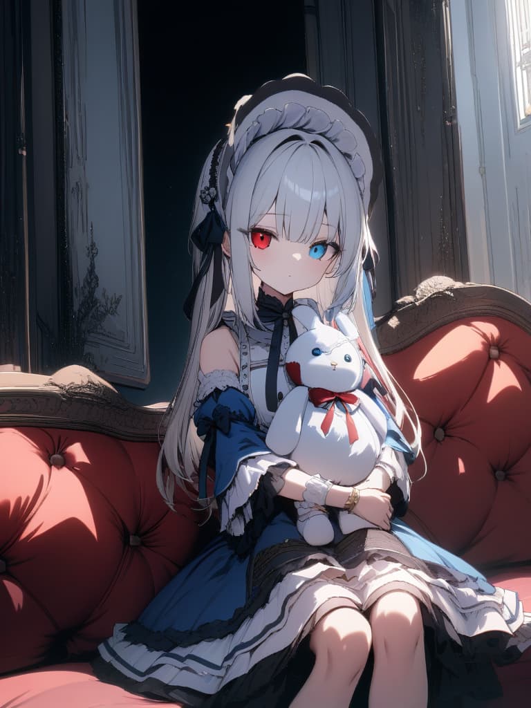  ultra detailed:1.2,masterpiece:1.2,best quality,masterpiece,bestquality,hdr:1.1,8k:1.1,very cute girl:1.3,(limited only 3 color,white red blue :1.8),gothic Lolita dress:1.4,sitting couch:1.4,(gothic bonnet:1.4),head tilt1:6,hugging object,rabbit doll:1.2, masterpiece, best quality,8k,ultra detailed,high resolution,an extremely delicate and beautiful,hyper detail