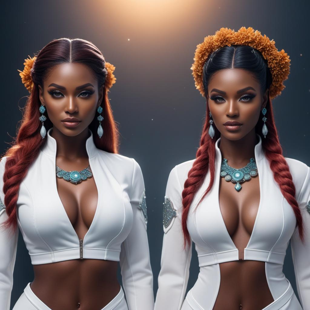  Gemini twin zodiac, light black skin, fantasy, lofi art style hyperrealistic, full body, detailed clothing, highly detailed, cinematic lighting, stunningly beautiful, intricate, sharp focus, f/1. 8, 85mm, (centered image composition), (professionally color graded), ((bright soft diffused light)), volumetric fog, trending on instagram, trending on tumblr, HDR 4K, 8K