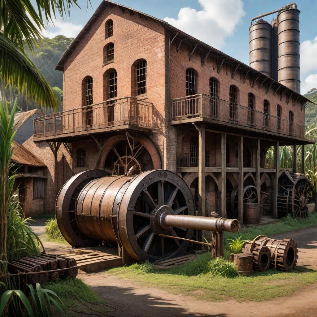  Drawing of a Cruzan sugar cane mill. Depict traditional milling machinery, large wooden gears, workers handling sugar cane, an industrial yet historical atmosphere, aged brick buildings, and sugar cane fields in the background. hyperrealistic, full body, detailed clothing, highly detailed, cinematic lighting, stunningly beautiful, intricate, sharp focus, f/1. 8, 85mm, (centered image composition), (professionally color graded), ((bright soft diffused light)), volumetric fog, trending on instagram, trending on tumblr, HDR 4K, 8K