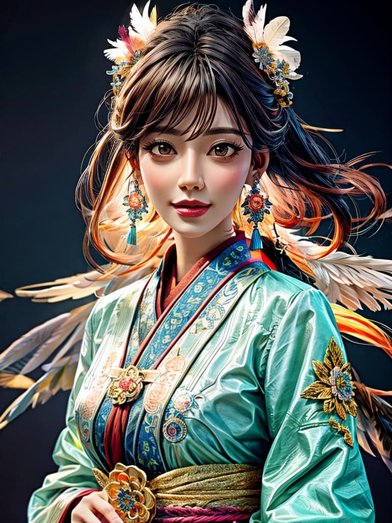  3dmm style,3d,realistic, high quality, 3D realistic works, Masterpiece, best quality, 1 girl, upper body, symmetrical center portrait, front, fractal art, color, highest detail, wearing feather Hanfu, abstract background, multiple colors, earrings, feathers, colorful background, extremely detailed, flower hyperrealistic, full body, detailed clothing, highly detailed, cinematic lighting, stunningly beautiful, intricate, sharp focus, f/1. 8, 85mm, (centered image composition), (professionally color graded), ((bright soft diffused light)), volumetric fog, trending on instagram, trending on tumblr, HDR 4K, 8K