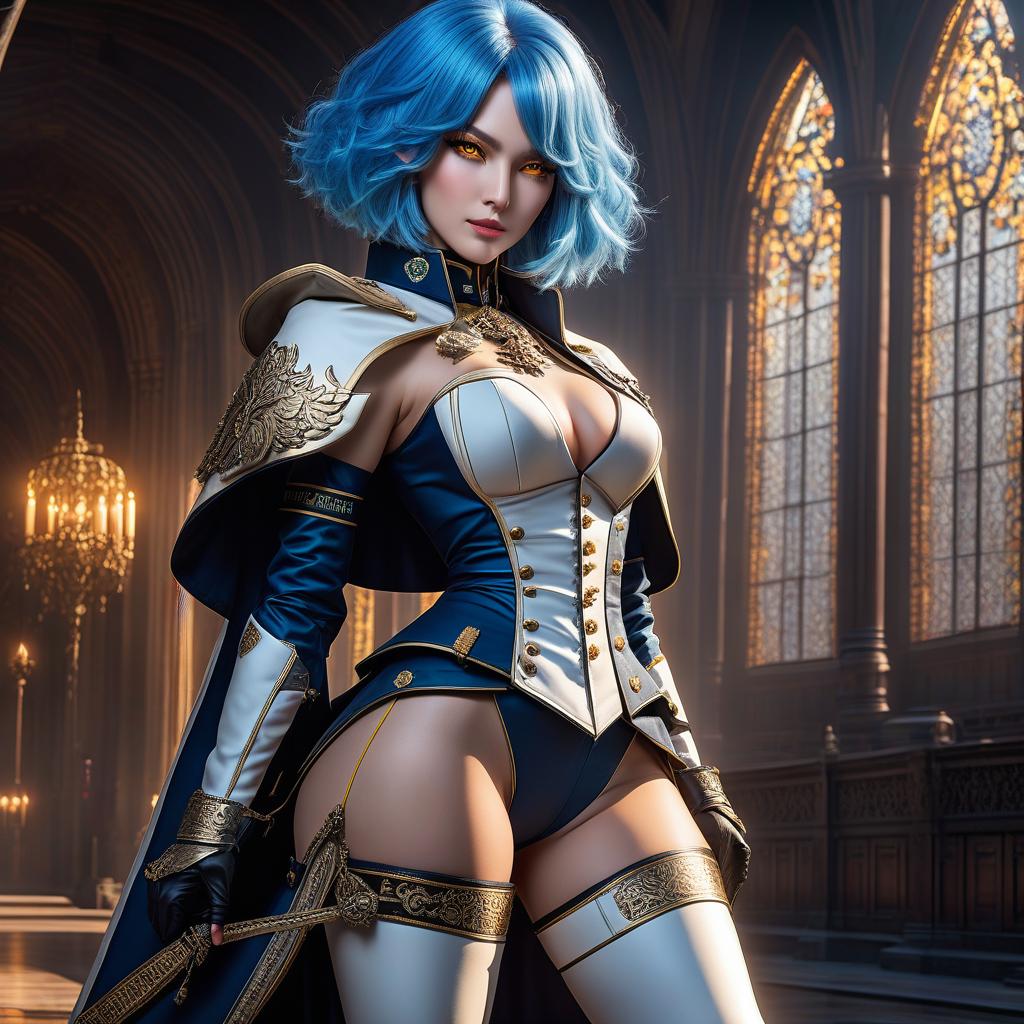  Girl, paladin, ((full body)), bright skin, blue hair, bob cut, bright yellow eyes, hourglass figure, fully clothed, military uniform, (19th century ceremonial uniform), white clothes, white cloak, ((leggings )), black boots, over the knee boots, thigh high boots, tight boots, (shako), belt, choker, epaulettes, awards, (epic pose), looking at viewer, looking down, evil grin, (extremely hyper detailed face), (masterpiece : 1.4), (perfect eyes: 1.1), (perfect hands), 2D, anime, extremely detailed clothes. hyperrealistic, full body, detailed clothing, highly detailed, cinematic lighting, stunningly beautiful, intricate, sharp focus, f/1. 8, 85mm, (centered image composition), (professionally color graded), ((bright soft diffused light)), volumetric fog, trending on instagram, trending on tumblr, HDR 4K, 8K