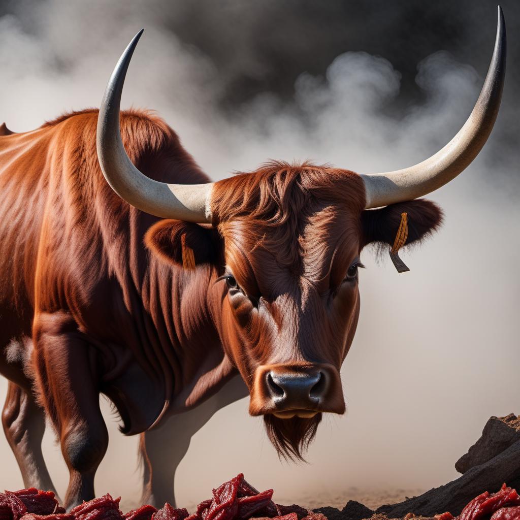  A muscular, fierce Longhorn Bull with its head lowered in an attacking stance for the 'Longhorn Beef Jerky Co.' logo. The bull's body and head should be prominently powerful, with defined muscles. Colors used should be burnt orange, gray, black, and off-white. The eyes need to be red and black to give a fierce look. Smoke should be snorting from the bull's nostrils, giving the impression of intensity and aggression. The overall design should have a rugged, rustic feel to align with the nature of the beef jerky business. hyperrealistic, full body, detailed clothing, highly detailed, cinematic lighting, stunningly beautiful, intricate, sharp focus, f/1. 8, 85mm, (centered image composition), (professionally color graded), ((bright soft diffused light)), volumetric fog, trending on instagram, trending on tumblr, HDR 4K, 8K