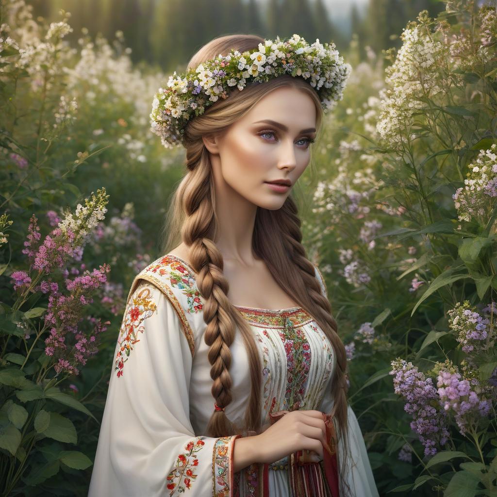  Vasilisa The Wise. Appearance: A young woman in traditional Russian costume, with long braided hair and a wreath of meadow flowers as a headband. She can be shown standing full length or just to her waist. Character: Wise, kind, and responsive. Always ready to help and provide useful advice. [Translation done] hyperrealistic, full body, detailed clothing, highly detailed, cinematic lighting, stunningly beautiful, intricate, sharp focus, f/1. 8, 85mm, (centered image composition), (professionally color graded), ((bright soft diffused light)), volumetric fog, trending on instagram, trending on tumblr, HDR 4K, 8K