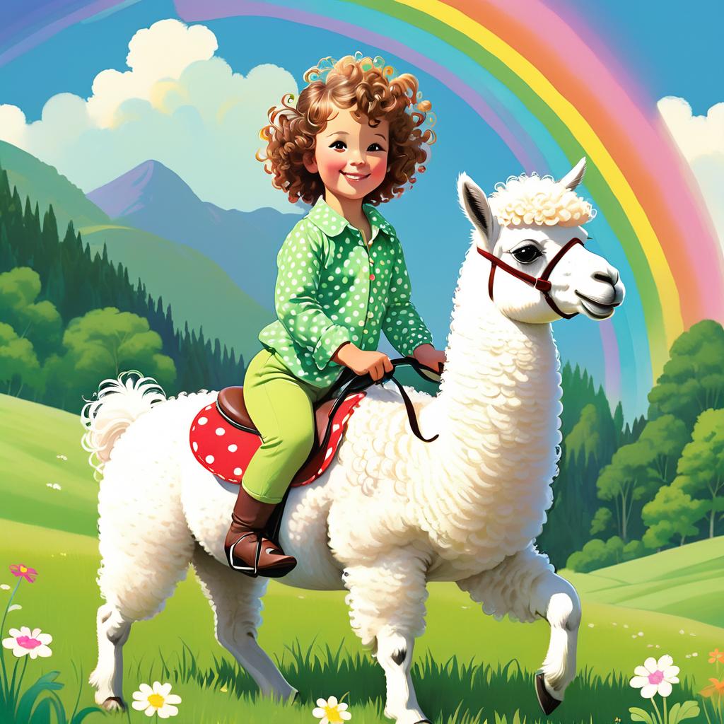  Style of a picture book. with bright, wide eyes and curly hair, wearing a polka-dot shirt and colored pants, riding on a fluffy, white llama with a gentle smile, atop a vint rainbow arching over a lush, green meadow Must be style of hand ilrated art for s, style of a picture book for ren