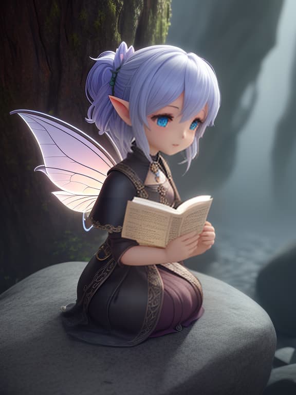  3D visualization, Unreal Engine, fantasy, (magic light: 0.1), (chibi) miniature, little pixie fairy in full frame in a gothic dress, sitting on a stone and reading a kiga, chibi style hyperrealistic, full body, detailed clothing, highly detailed, cinematic lighting, stunningly beautiful, intricate, sharp focus, f/1. 8, 85mm, (centered image composition), (professionally color graded), ((bright soft diffused light)), volumetric fog, trending on instagram, trending on tumblr, HDR 4K, 8K