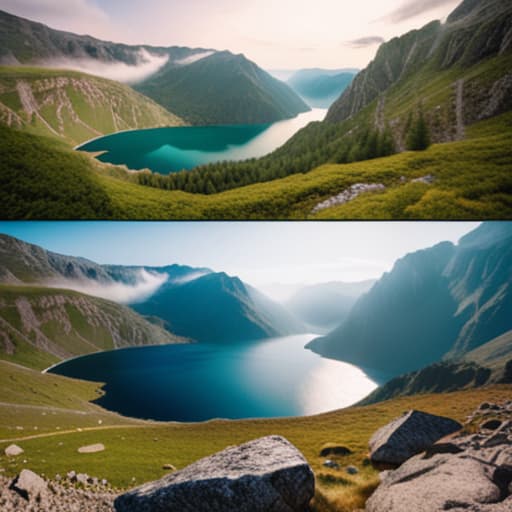  beautiful lake, on top of a mountain hyperrealistic, full body, detailed clothing, highly detailed, cinematic lighting, stunningly beautiful, intricate, sharp focus, f/1. 8, 85mm, (centered image composition), (professionally color graded), ((bright soft diffused light)), volumetric fog, trending on instagram, trending on tumblr, HDR 4K, 8K