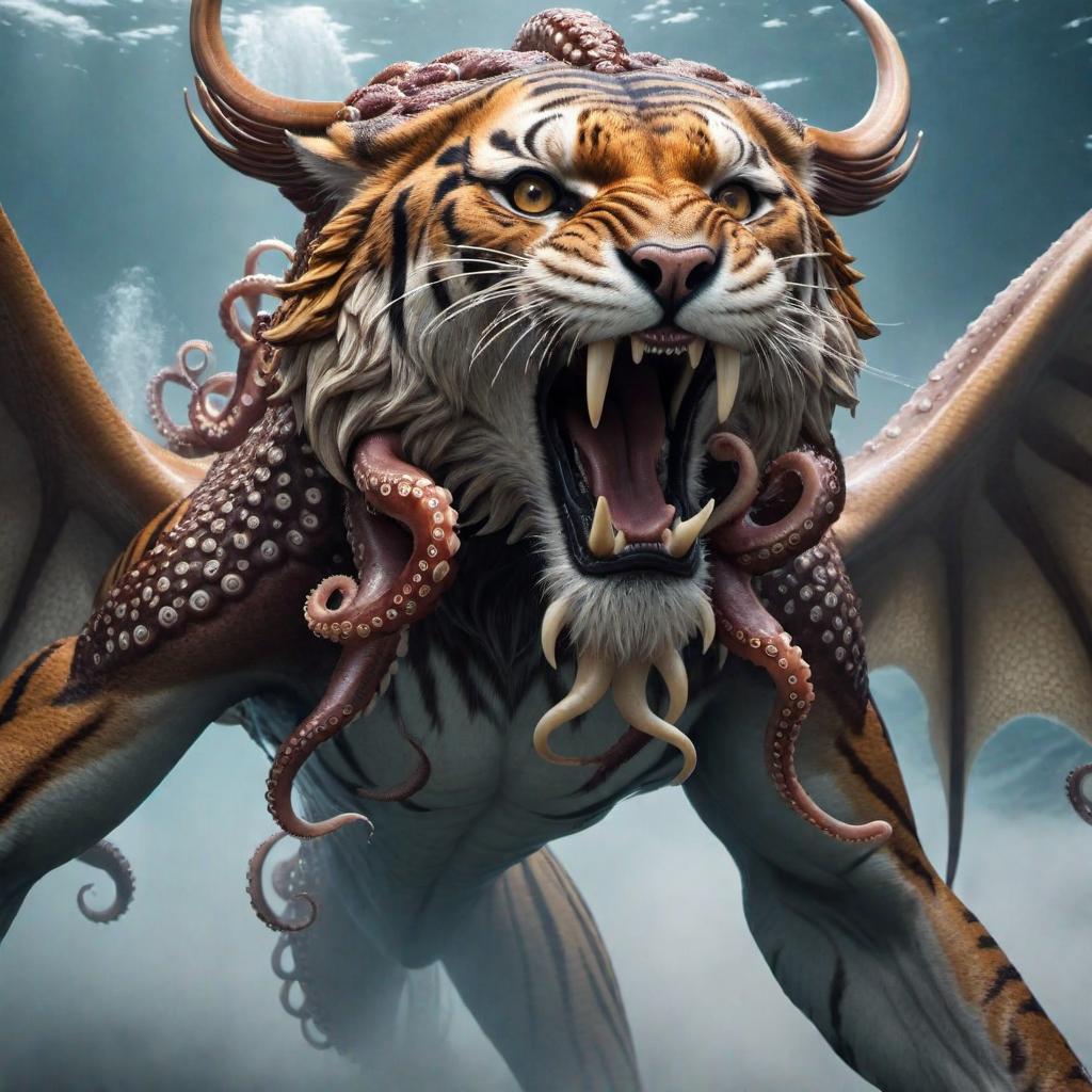  A Sabertooth tiger with wings fighting a Giant Octopus hyperrealistic, full body, detailed clothing, highly detailed, cinematic lighting, stunningly beautiful, intricate, sharp focus, f/1. 8, 85mm, (centered image composition), (professionally color graded), ((bright soft diffused light)), volumetric fog, trending on instagram, trending on tumblr, HDR 4K, 8K