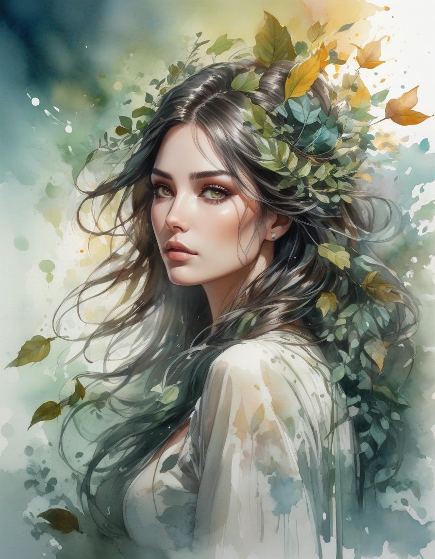  concept art A watercolor illustration of a woman with flowing hair adorned with leaves, gazing intently, with splashes of color around her. by Albert Robida and Alice Pasquini and Luis Royo, watercolour masterpiece, l Digital watercolor Illustration Waterhouse, Carne Griffiths, Minjae Lee, Ana Paula Hoppe, Stylized watercolor art, Intricate, Complex contrast, HDR, Sharp, soft Cinematic Volumetric lighting, seasonal colors, perfect wide long shot visual masterpiece . digital artwork, illustrative, painterly, matte painting, highly detailed hyperrealistic, full body, detailed clothing, highly detailed, cinematic lighting, stunningly beautiful, intricate, sharp focus, f/1. 8, 85mm, (centered image composition), (professionally color graded), ((bright soft diffused light)), volumetric fog, trending on instagram, trending on tumblr, HDR 4K, 8K