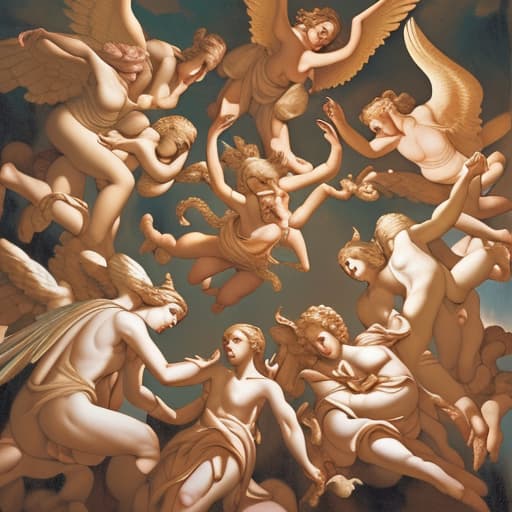  A classical painting of seven archangels battling the devils