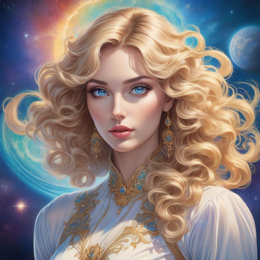  Pop Art style A digital portrait of a woman with curly blond hair, blue eyes, and a celestial background. Create a vintage Aquarell im Stil von Josephine Wall, Tomasz Allen Kopera, Dariusz Zawadzki, Andreja Peklar, Ivan Shiskine ,a fantasy style portrait of a young woman with long, wavy ash blond hair, featuring subtle brown highlights. Her complexion is fair with a warm undertone. She has large, round, hazel eyes with visible eyelashes and well groomed, arched eyebrows. Her lips are full with a slight peach tint, accompanying a small, straight nose and a softly contoured face with prominent cheekbones, gently flushed cheeks, and a delicate chin. Modifiers: . bright colors, bold outlines, popular culture themes, ironic or kitsch hyperrealistic, full body, detailed clothing, highly detailed, cinematic lighting, stunningly beautiful, intricate, sharp focus, f/1. 8, 85mm, (centered image composition), (professionally color graded), ((bright soft diffused light)), volumetric fog, trending on instagram, trending on tumblr, HDR 4K, 8K