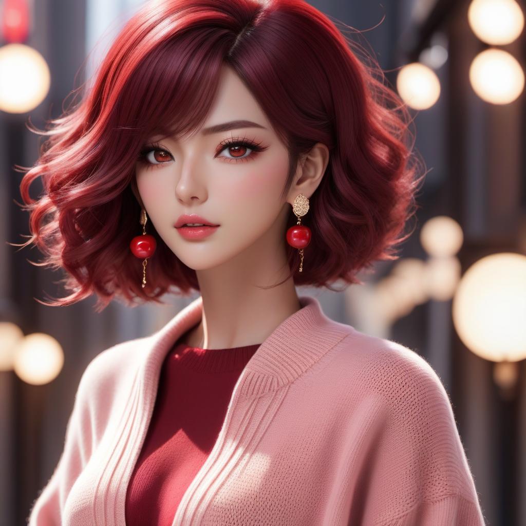  anime artwork A with hair as red as a cherry, long and slightly curled towards the right, brown colored eyes, long eyelashes, and plump lips of a light reddish color, a sweater of a light pink color, long earrings with a small stone at the bottom. A man with long curly black hair, eyebrows, dark brown eyes, plump lips, and long eyelashes. Both are emcing each other. . anime style, key visual, vint, studio anime, highly detailed hyperrealistic, full body, detailed clothing, highly detailed, cinematic lighting, stunningly beautiful, intricate, sharp focus, f/1. 8, 85mm, (centered image composition), (professionally color graded), ((bright soft diffused light)), volumetric fog, trending on instagram, trending on tumblr, HDR 4K, 8K