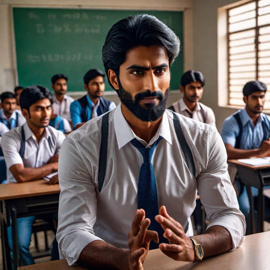  a teacher praising a student in the classroom in India (both are male), ((Anime)) hyperrealistic, full body, detailed clothing, highly detailed, cinematic lighting, stunningly beautiful, intricate, sharp focus, f/1. 8, 85mm, (centered image composition), (professionally color graded), ((bright soft diffused light)), volumetric fog, trending on instagram, trending on tumblr, HDR 4K, 8K