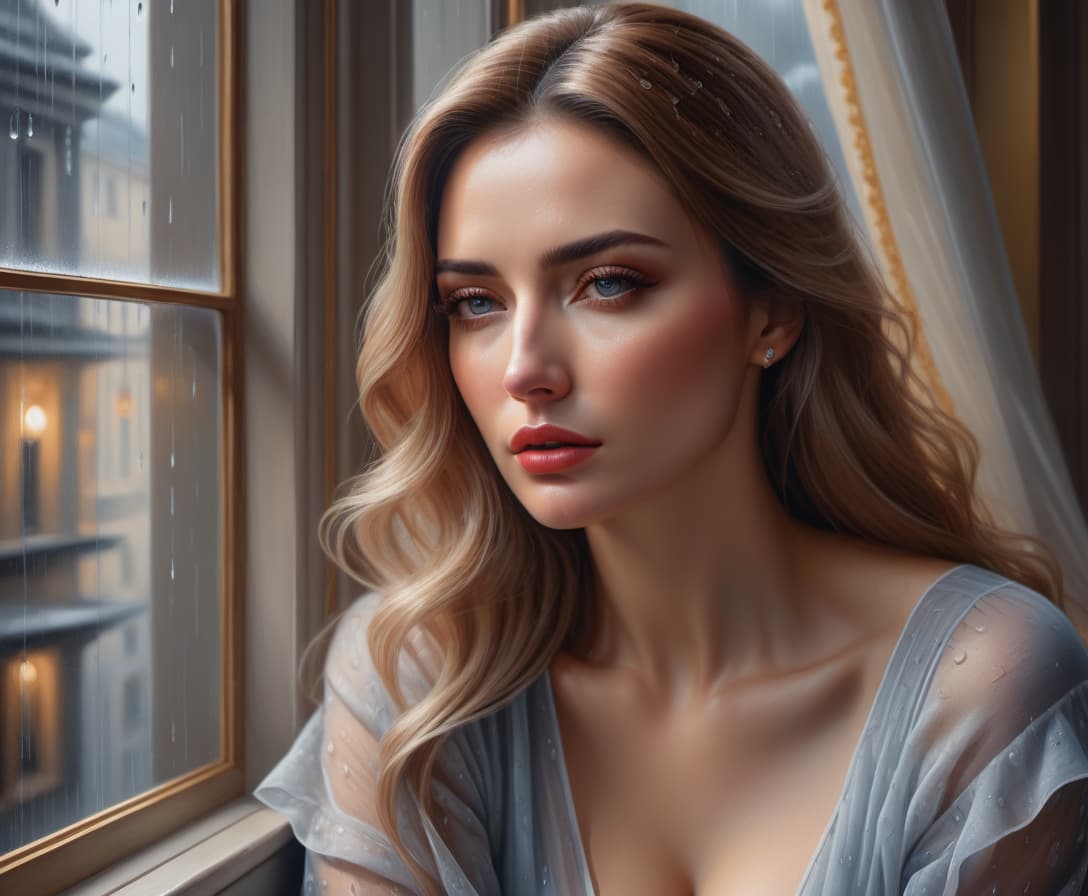  hyperrealistic art A portrait painted with colors, a beautiful woman with a very sad face, emotions of sadness on the perfectly drawn face, different direction of gaze, rain outside the window, gloomy, ideal detailing of the image, maximum clarity, professional, realistic drawing, classicism, oil painting, painting in the best traditions of portraitism, masterpiece. . extremely high resolution details, photographic, realism pushed to extreme, fine texture, incredibly lifelike hyperrealistic, full body, detailed clothing, highly detailed, cinematic lighting, stunningly beautiful, intricate, sharp focus, f/1. 8, 85mm, (centered image composition), (professionally color graded), ((bright soft diffused light)), volumetric fog, trending on instagram, trending on tumblr, HDR 4K, 8K