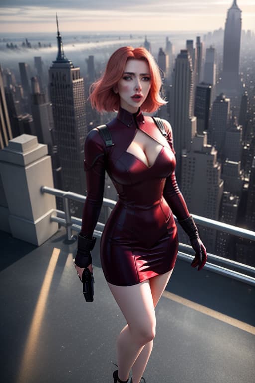  Ultra realistic picture, full lenght picture, amazing , beautiful , Scarlett Johansson, dark make up, pale skin, beautiful face, mini dress, deep age, ful, carmin red lips, medium s, crowded place, people around, empire state building rooftop hyperrealistic, full body, detailed clothing, highly detailed, cinematic lighting, stunningly beautiful, intricate, sharp focus, f/1. 8, 85mm, (centered image composition), (professionally color graded), ((bright soft diffused light)), volumetric fog, trending on instagram, trending on tumblr, HDR 4K, 8K