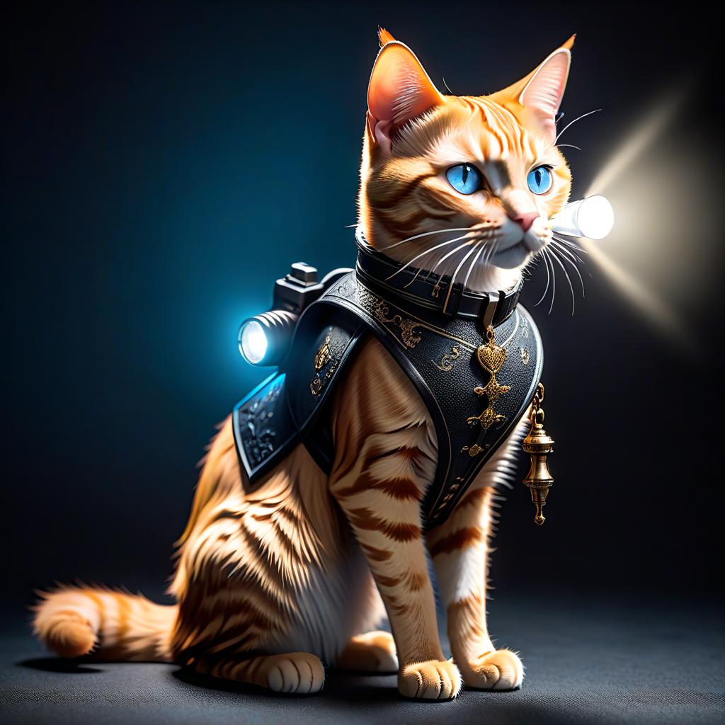  gothic style A ginger cat with black spots, blue eyes, holding a flashlight, against a dark background. . dark, mysterious, haunting, dramatic, ornate, detailed hyperrealistic, full body, detailed clothing, highly detailed, cinematic lighting, stunningly beautiful, intricate, sharp focus, f/1. 8, 85mm, (centered image composition), (professionally color graded), ((bright soft diffused light)), volumetric fog, trending on instagram, trending on tumblr, HDR 4K, 8K