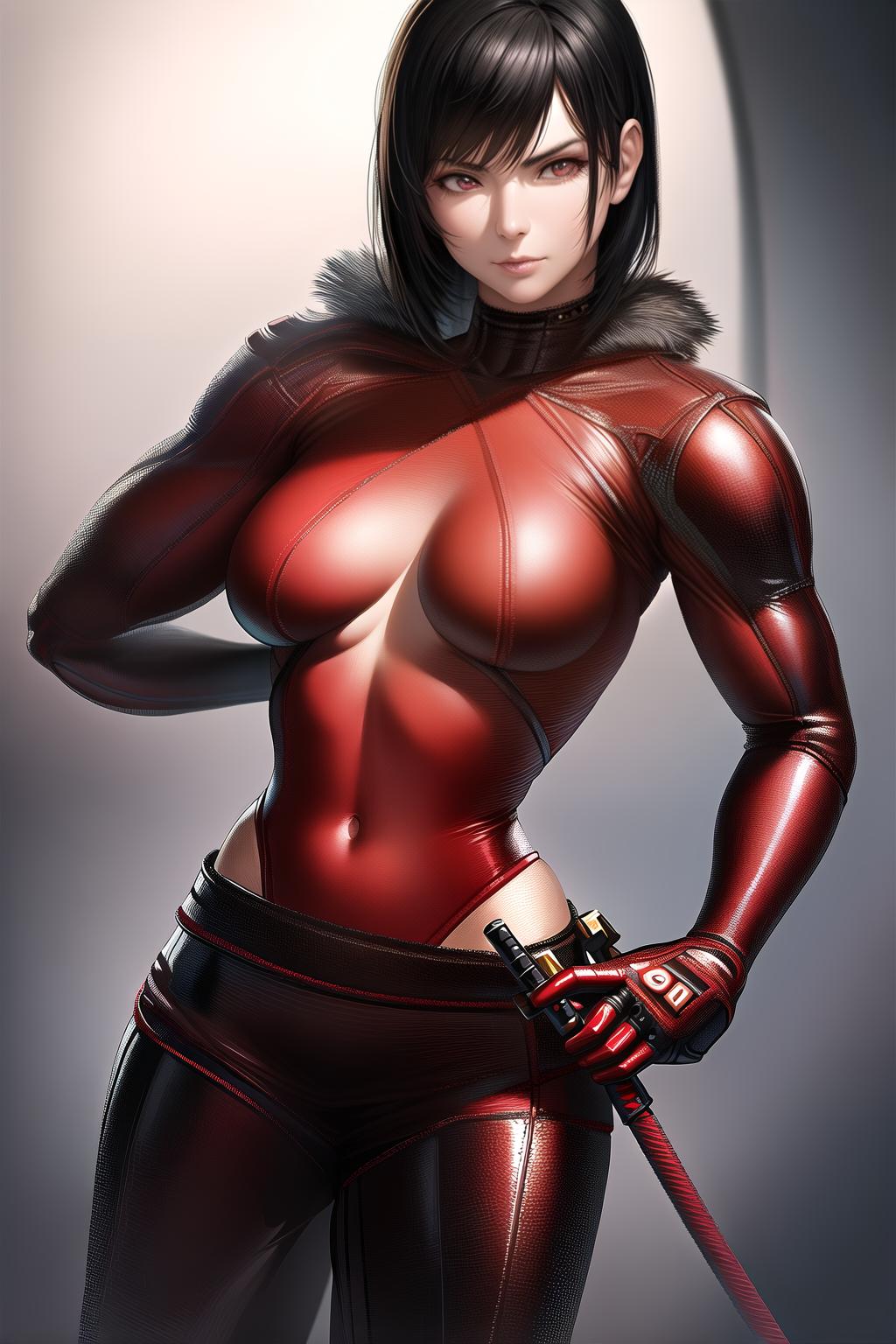  muscular woman, very short black hair, red samurai armor, leather pants, holding a katana, arms down, mature expression, cowboy shot, faint smile, (Masterpiece, BestQuality:1.3), (ultra detailed:1.2), (hyperrealistic:1.3), (RAW photo:1.2),High detail RAW color photo, professional photograph, (Photorealistic:1.4), (realistic:1.4), ,professional lighting, (japanese), beautiful face, (realistic face)