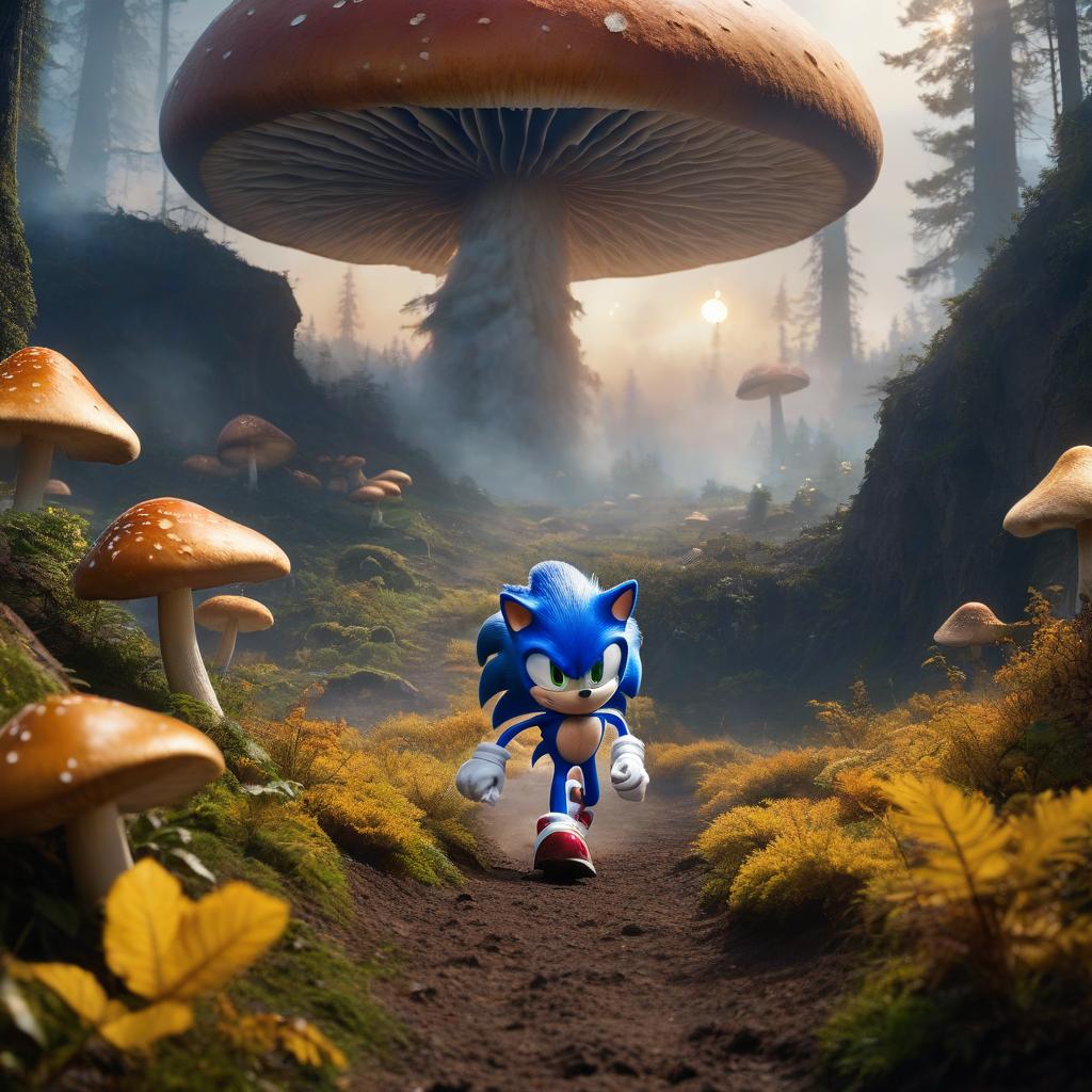  A highly detailed Sonic runs through a mushroom planet, along a path through the planet among giant mushrooms from the Sonic movie, mega sized, ferocious, hyperrealistic, art, digital art, fantastic fantasy, detailed drawing, high resolution, medium shot, full sized, 128k, photo realism, vivid lighting, hyper detailed eyes and details, cinematic, a yellow smoke haze in the background, an open portal in fire, stars, a glowing fragment of the shining moon hyperrealistic, full body, detailed clothing, highly detailed, cinematic lighting, stunningly beautiful, intricate, sharp focus, f/1. 8, 85mm, (centered image composition), (professionally color graded), ((bright soft diffused light)), volumetric fog, trending on instagram, trending on tumblr, HDR 4K, 8K