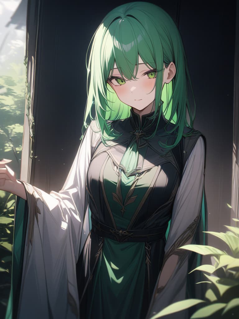  Expression of green hair characters in mourning clothes, masterpiece, best quality,8k,ultra detailed,high resolution,an extremely delicate and beautiful,hyper detail