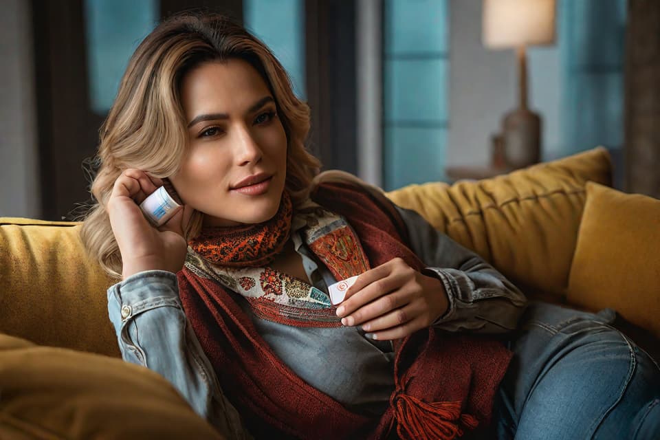  "Realistic close up of a young woman (female) sitting alone on a cozy couch in a softly lit living room, holding a single pill bottle labeled with a subtle, clear label. She looks relieved and hopeful, with a slight smile. The background features a warm, inviting ambiance with soft, neutral colors and minimalistic decor, ensuring no distractions. The image is detailed, capturing the texture of the couch, the clarity of the pill bottle, and the woman's serene expression. High quality, natural lighting enhances the realism and mood, conveying a sense of comfort and hope."Ensure no face,leg,hand or eye defomities.Ensure all images are clear, detailed, contains no text and no deformities. realistic, highly detailed, photorealistic, cinematic li hyperrealistic, full body, detailed clothing, highly detailed, cinematic lighting, stunningly beautiful, intricate, sharp focus, f/1. 8, 85mm, (centered image composition), (professionally color graded), ((bright soft diffused light)), volumetric fog, trending on instagram, trending on tumblr, HDR 4K, 8K