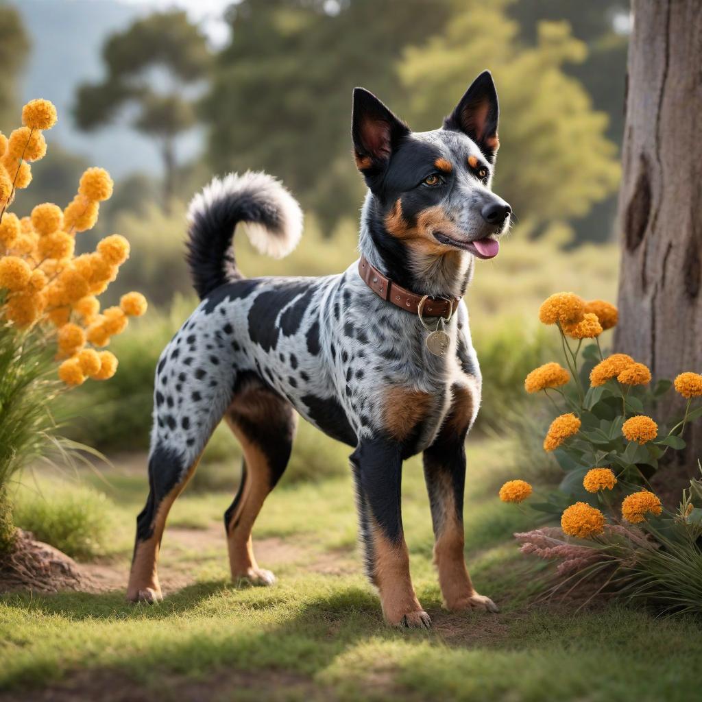  A Poodle mixed with Queensland Heeler (Australian Cattle Dog), featuring elements from both breeds. The dog should have a black and brown coat. Display the dog in a friendly and playful pose, ideally in an outdoor environment. hyperrealistic, full body, detailed clothing, highly detailed, cinematic lighting, stunningly beautiful, intricate, sharp focus, f/1. 8, 85mm, (centered image composition), (professionally color graded), ((bright soft diffused light)), volumetric fog, trending on instagram, trending on tumblr, HDR 4K, 8K