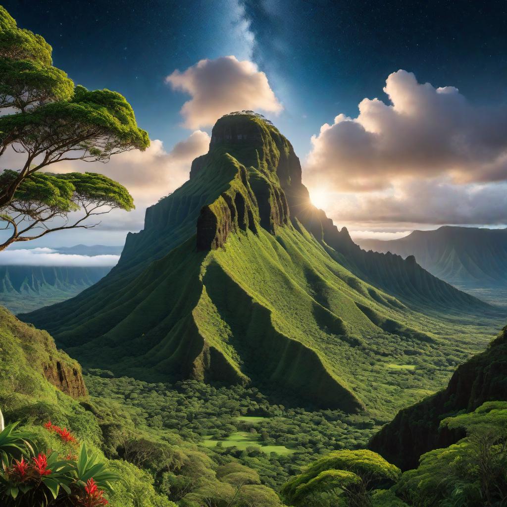  A scenic view of the Sleeping Giant Mountain on Kaua'i with the sky split in half. One side of the sky is day, with a clear blue sky and bright sunlight, while the other side is night, filled with stars and a crescent moon. The mountain itself is lush and green, with detailed textures and shadows showing the different times of day. hyperrealistic, full body, detailed clothing, highly detailed, cinematic lighting, stunningly beautiful, intricate, sharp focus, f/1. 8, 85mm, (centered image composition), (professionally color graded), ((bright soft diffused light)), volumetric fog, trending on instagram, trending on tumblr, HDR 4K, 8K