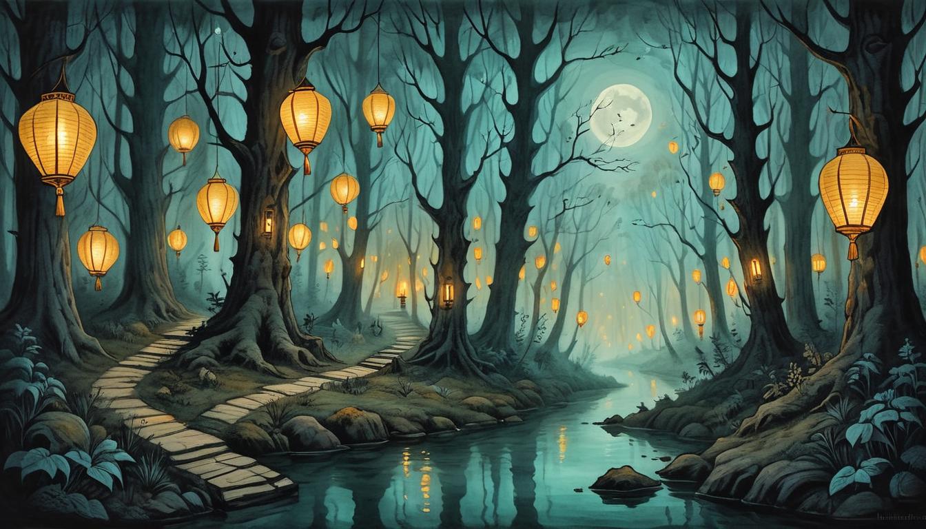  on parchment, surrealism+++, A dark, eerie forest with a single path illuminated by floating lanterns, each lantern representing a rare quality, sense of mystique and uniqueness(mysterious, provocative, symbolic,muted color)+++