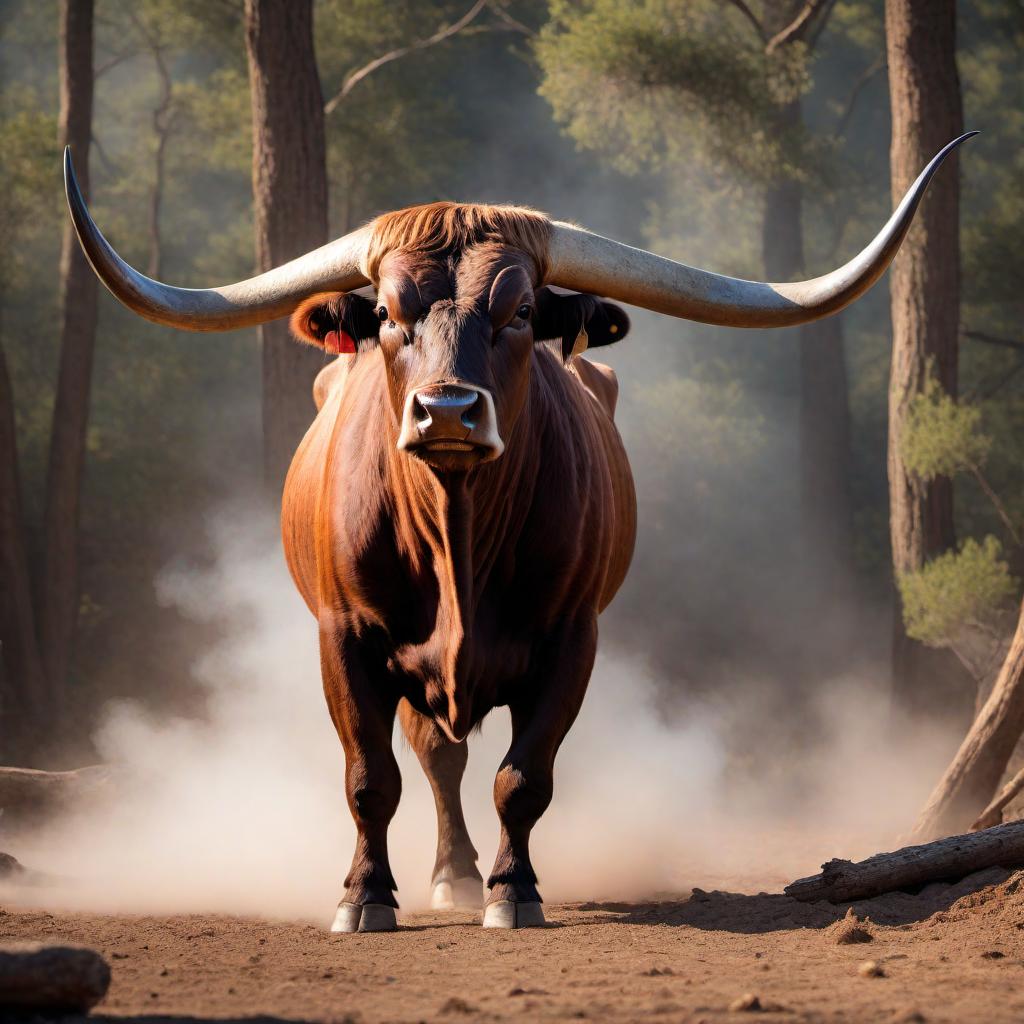  A muscular, fierce Longhorn Bull with its head lowered in an attacking or defending stance for the 'Longhorn Beef Jerky Co.' logo. The bull should have taut, defined muscles without saggy skin and strong, muscular hindquarters. It should have wide and long horns, red eyes, and a mean, aggressive expression. Smoke should be snorting from its nostrils to convey intensity and aggression. The overall design should have a rugged, rustic feel to align with the nature of the beef jerky business. The bull should look more aggressive and protective as if it is attacking or defending its herd. hyperrealistic, full body, detailed clothing, highly detailed, cinematic lighting, stunningly beautiful, intricate, sharp focus, f/1. 8, 85mm, (centered image composition), (professionally color graded), ((bright soft diffused light)), volumetric fog, trending on instagram, trending on tumblr, HDR 4K, 8K