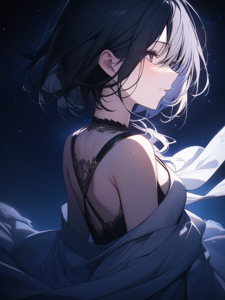  Black hair, girl, night sky, short hair, masterpiece, best quality,8k,ultra detailed,high resolution,an extremely delicate and beautiful,hyper detail