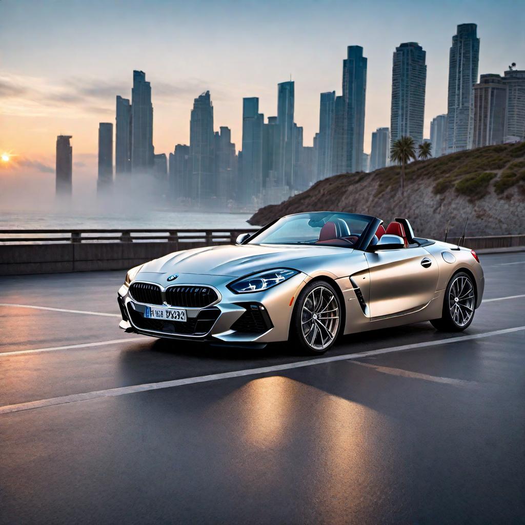  A reimagined BMW Z4 roadster, showcasing a sleek, modern design with futuristic elements. The car should have sharp, aerodynamic lines, advanced LED lighting, and a metallic finish that gleams in the light. The scene should be set against a stunning backdrop, such as a cityscape at night or a scenic coastal road, emphasizing the car's elegance and power. hyperrealistic, full body, detailed clothing, highly detailed, cinematic lighting, stunningly beautiful, intricate, sharp focus, f/1. 8, 85mm, (centered image composition), (professionally color graded), ((bright soft diffused light)), volumetric fog, trending on instagram, trending on tumblr, HDR 4K, 8K