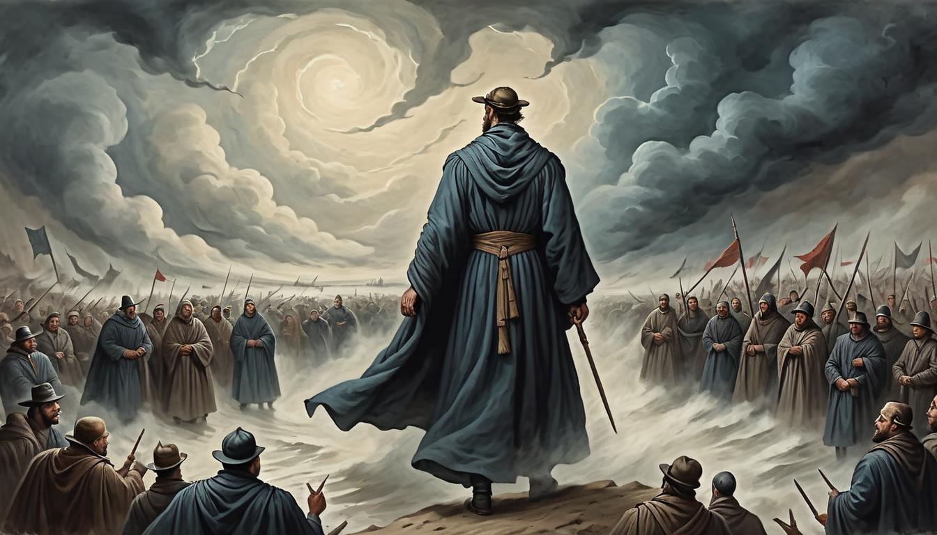  on parchment, surrealism+++, A robed figure amidst a turbulent crowd, figure standing firm, crowd swirling, stormy sky, resistance, resilience, determination(mysterious, provocative, symbolic,muted color)+++