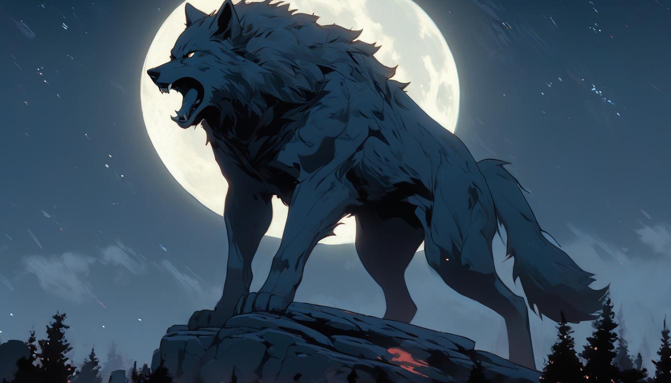  hyperrealism,fantasy aestheticA wolf howling at the moon, silhouette against a starry sky, muscles tense and defined, foreground of rugged terrain, echoing howl, power, independence, high tech clothing clad in sleek, futuristic costume with metallic accents and form fitting designs, marvel superhero comics style, unreal engine rendering