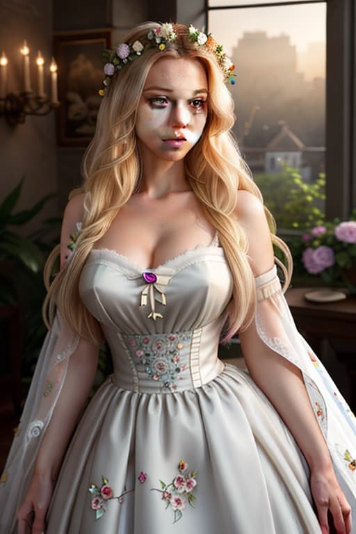  detailed and realistic portrait of a rapunzel maid with a few freckles, long blonde disheveled hairs, multicolor mesmerizing eyes, dark fluffy dress, soft natural lighting, portrait photography, magical photography, dramatic lighting, photo realism, ultra detailed, intimate portrait composition, flowers in background, Leica 50mm, f1. 4 hyperrealistic, full body, detailed clothing, highly detailed, cinematic lighting, stunningly beautiful, intricate, sharp focus, f/1. 8, 85mm, (centered image composition), (professionally color graded), ((bright soft diffused light)), volumetric fog, trending on instagram, trending on tumblr, HDR 4K, 8K