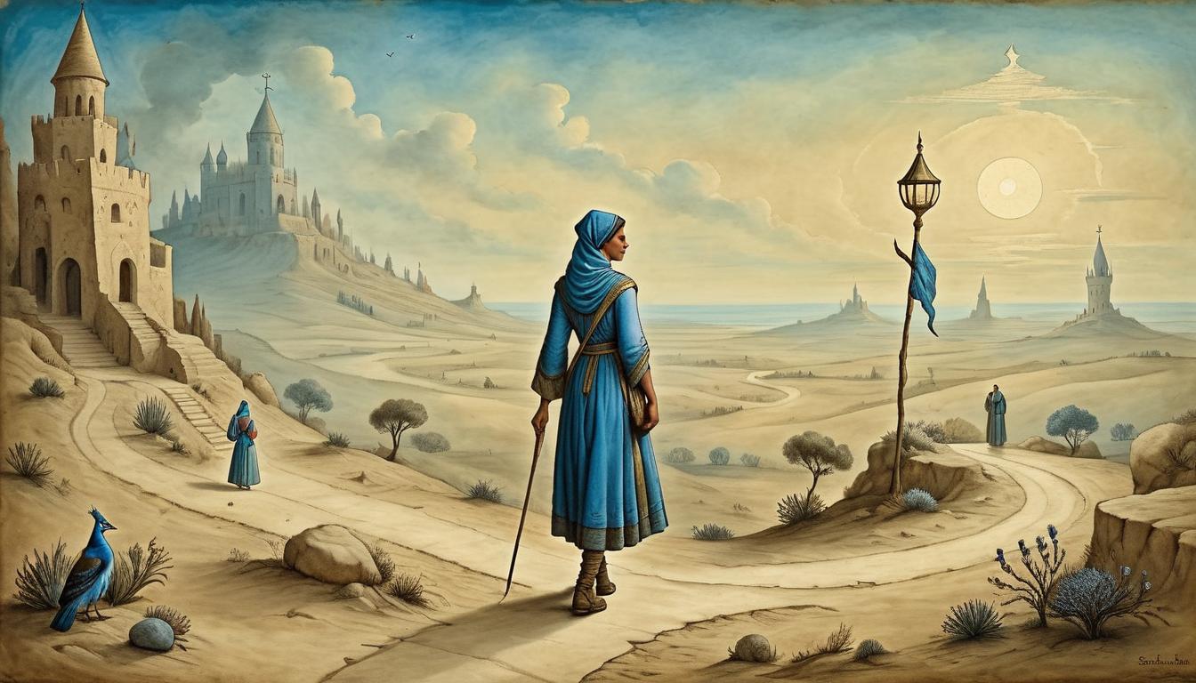  on parchment, surrealism+++, Young Esther, aged Mordecai beside her, path leading to a bright horizon, symbolizing journey and transformation(mysterious, provocative, symbolic,muted color)+++