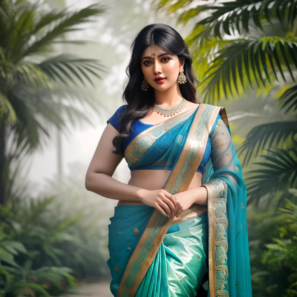  a Chubby indian women in blue saree, at greenery park, clean face details, portrait, hyperrealistic, full body, detailed clothing, highly detailed, cinematic lighting, stunningly beautiful, intricate, sharp focus, f/1. 8, 85mm, (centered image composition), (professionally color graded), ((bright soft diffused light)), volumetric fog, trending on instagram, trending on tumblr, HDR 4K, 8K