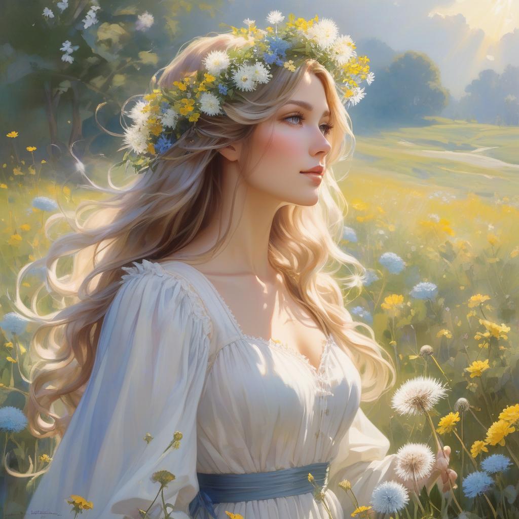  watercolor painting A with a floral crown and flowing hair is amidst a bright field of flowers, sunlight dappling through, creating a serene, magical atmosphere In the style of Daniel F Gerhartz and Morgan Weistling. A young with long, wavy hair adorned with small blue and white flowers blowing on a dandelion in a meadow filled with dandelions and other small flowers. She wears a white dress with puffy sleeves. The scene is ed in soft, warm light, creating a dreamy, ethereal atmosphere. Started from image: . vint, beautiful, painterly, detailed, textural, artistic hyperrealistic, full body, detailed clothing, highly detailed, cinematic lighting, stunningly beautiful, intricate, sharp focus, f/1. 8, 85mm, (centered image composition), (professionally color graded), ((bright soft diffused light)), volumetric fog, trending on instagram, trending on tumblr, HDR 4K, 8K