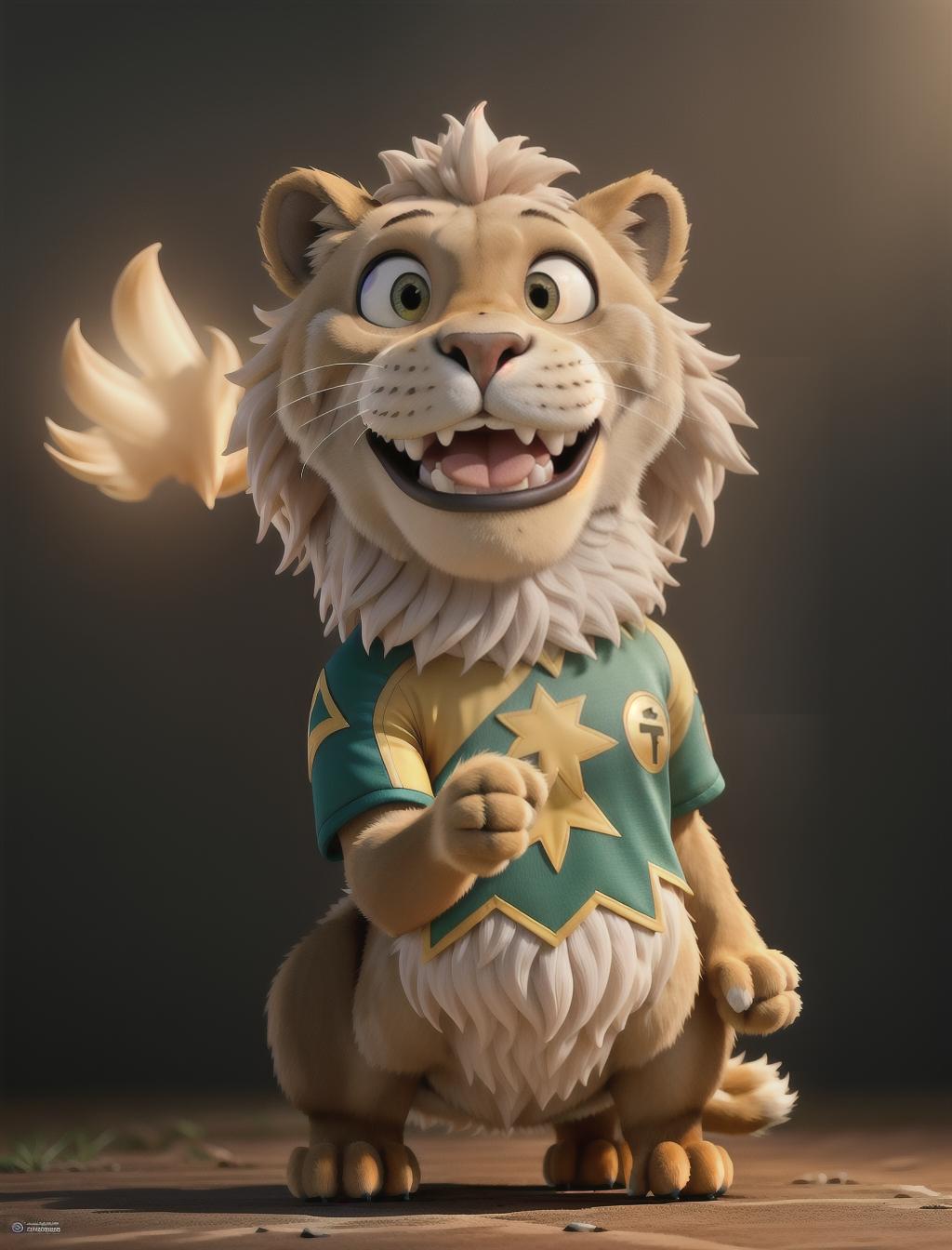  Cartoon Lion wearing a Philippines football jersey with thumbs up hyperrealistic, full body, detailed clothing, highly detailed, cinematic lighting, stunningly beautiful, intricate, sharp focus, f/1. 8, 85mm, (centered image composition), (professionally color graded), ((bright soft diffused light)), volumetric fog, trending on instagram, trending on tumblr, HDR 4K, 8K