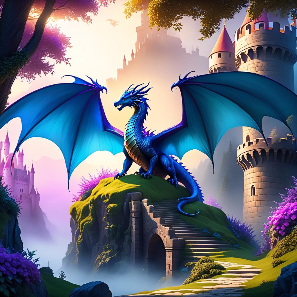  ethereal fantasy concept art of (Background): Blue sky. In the sky there is a green island. A castle with a scaly roof rises in the centre of the island. A large dragon is curled around the castle. He is its caring guardian. Foreground. (Dragon):Appearance: a peacefully slumbering dragon, hugging the castle with its wings. (Colour of scales and wings):blue, smoothly passing to pink violet wings with golden scales on the end. . magnificent, celestial, ethereal, painterly, epic, majestic, magical, fantasy art, cover art, dreamy hyperrealistic, full body, detailed clothing, highly detailed, cinematic lighting, stunningly beautiful, intricate, sharp focus, f/1. 8, 85mm, (centered image composition), (professionally color graded), ((bright soft diffused light)), volumetric fog, trending on instagram, trending on tumblr, HDR 4K, 8K