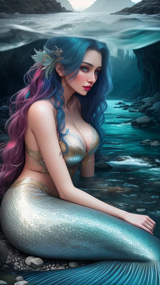  Mermaid, high detail of the face, hyperrealistic photography, complex lighting, mountain river, cave, torch hyperrealistic, full body, detailed clothing, highly detailed, cinematic lighting, stunningly beautiful, intricate, sharp focus, f/1. 8, 85mm, (centered image composition), (professionally color graded), ((bright soft diffused light)), volumetric fog, trending on instagram, trending on tumblr, HDR 4K, 8K