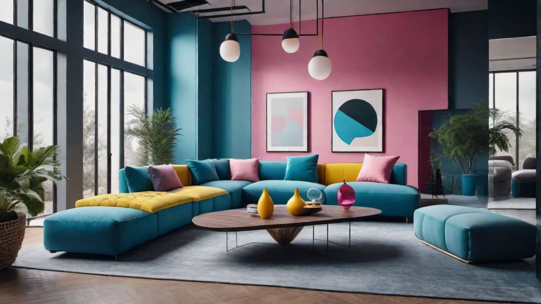  Create an image of a living room inspired by 80's interior design with bold color blocking. Incorporate vibrant hues like electric blue, neon pink, and bright yellow. Include geometric patterns and asymmetrical shapes in the furniture and decor. Pay attention to the contrasting colors and shapes to achieve a visually striking and retro look. additional guidelines  hyperrealistic, full body, detailed clothing, highly detailed, cinematic lighting, stunningly beautiful, intricate, sharp focus, f/1. 8, 85mm, (centered image composition), (professionally color graded), ((bright soft diffused light)), volumetric fog, trending on instagram, trending on tumblr, HDR 4K, 8K