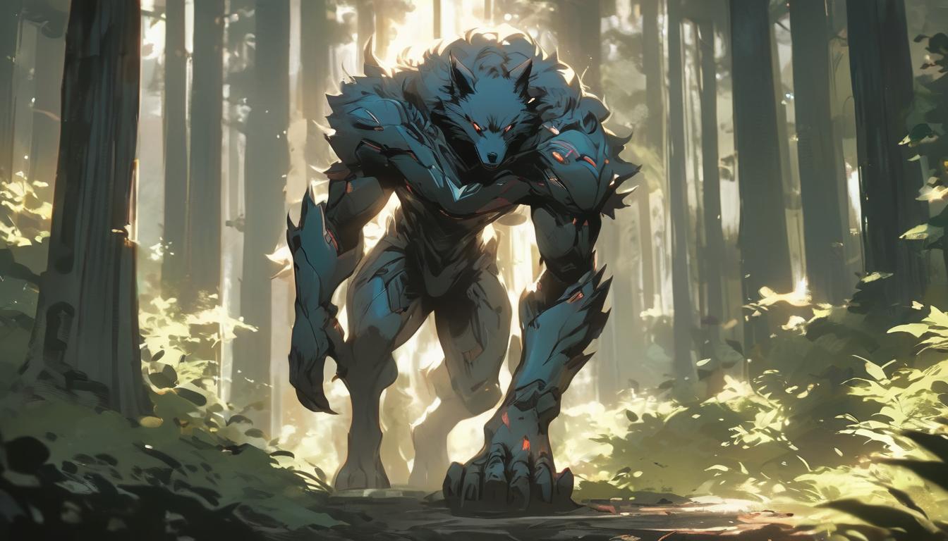  hyperrealism,fantasy aestheticA determined wolf stepping out from the shadows of a dense forest, posture indicating readiness, sunlight breaking through the trees, independence, resolve, high tech clothing clad in sleek, futuristic costume with metallic accents and form fitting designs, marvel superhero comics style, unreal engine rendering