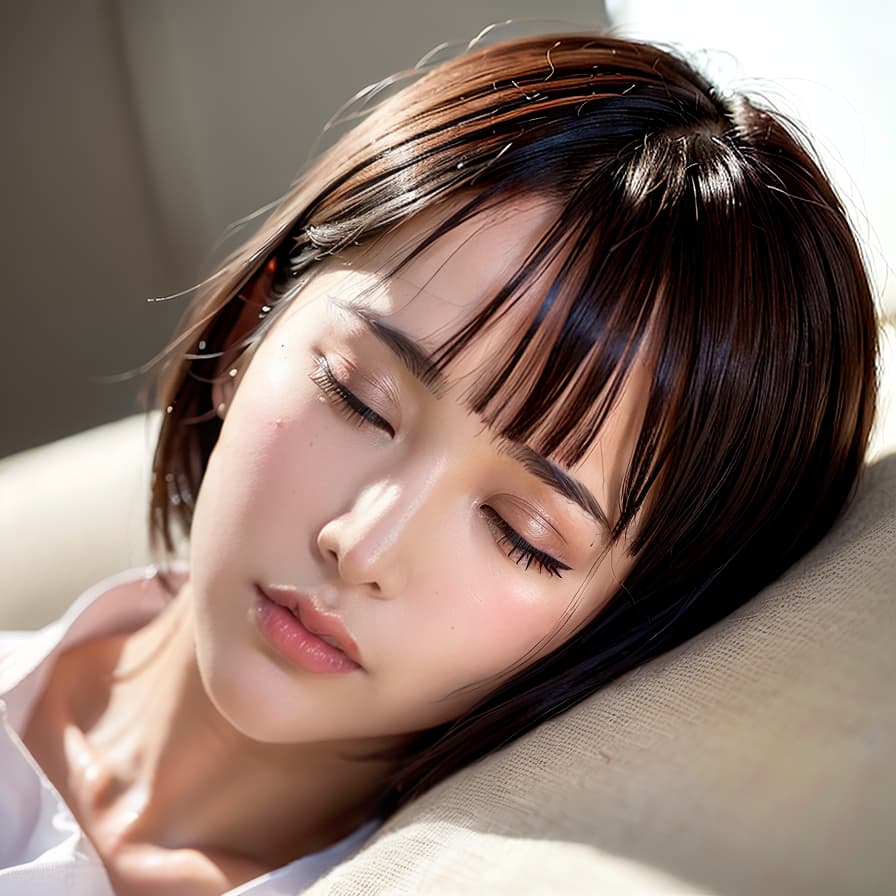  High resolution, 4K, real SKIN Detail, Japan's beauty, one , realistic, lying, side, eyes closed, short hair, see through, sleep, indoor, bed, closed eyes Close your eyes like a , (Masterpiece, BestQuality:1.3), (ultra detailed:1.2), (hyperrealistic:1.3), (RAW photo:1.2),High detail RAW color photo, professional photograph, (Photorealistic:1.4), (realistic:1.4), ,professional lighting, (japanese), beautiful face, (realistic face)